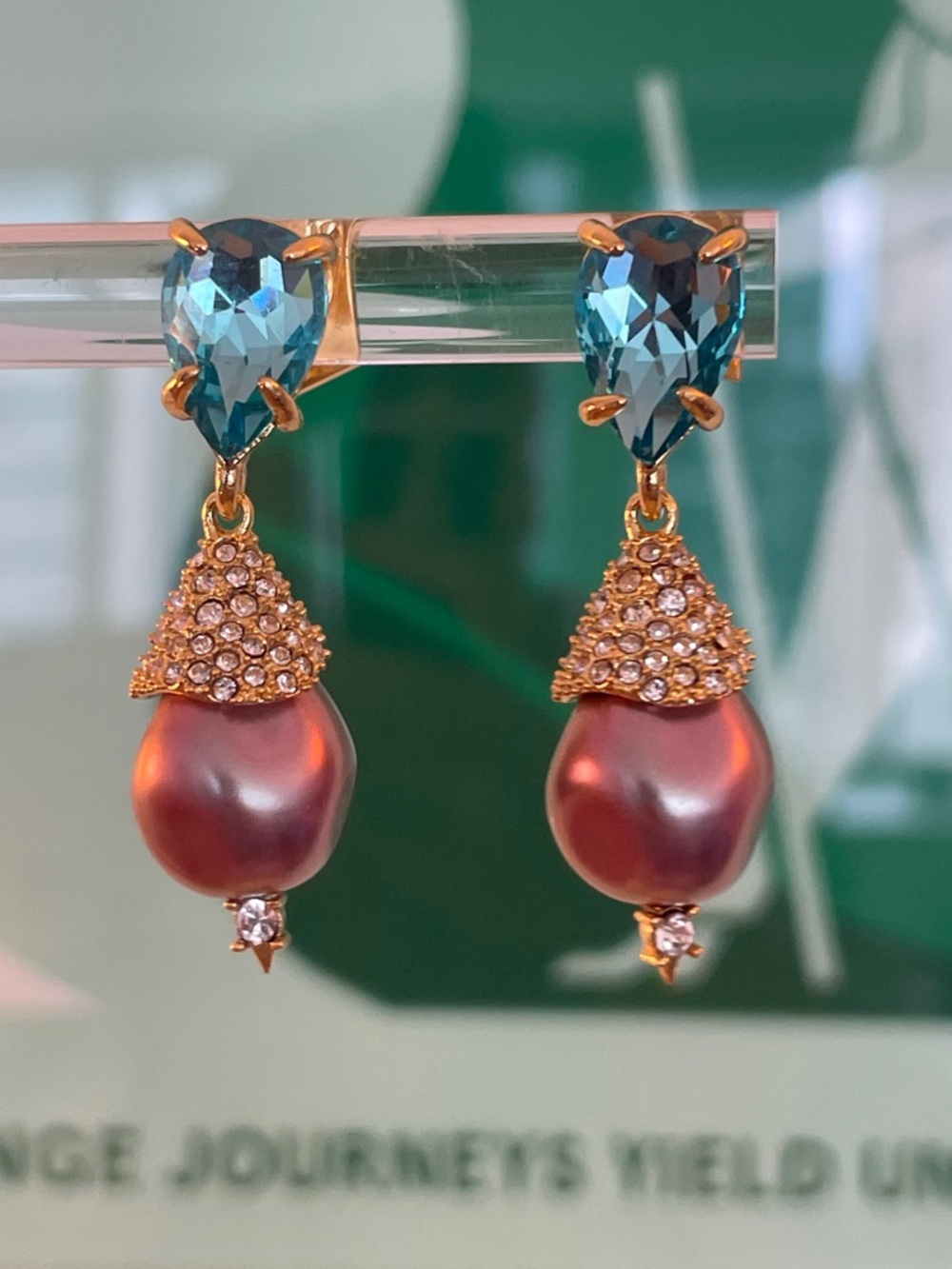Alexis Bittar Teal Blue Crystal Drop Earrings Burgundy Pearl Gold Statement